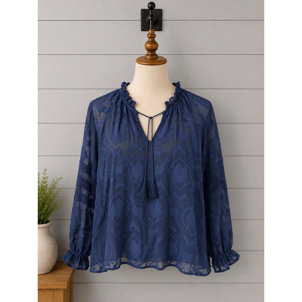 Belle by Kim Gravel Feminine Burnout Blouse Tassels Boho Size XL Blue Overlay